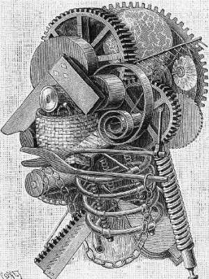 Engraving of the interior of an inventor's head-fantastic collection of gears