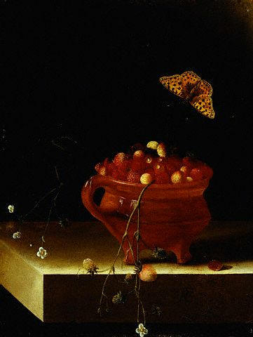 A pot of  strawberries with a butterfly by A. Coorte 1695