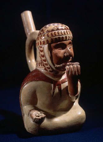 Mochica Stirrup Spout Bottle in the Form of a Blind Beggar Playing a Flute