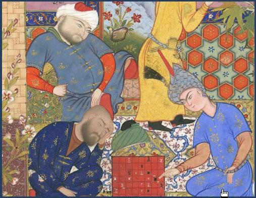 Persian youth playing chess with two of his suitors