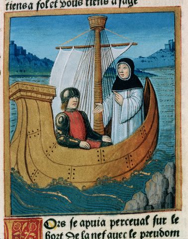 French Illumination of Perceval Embarking with a Monk from Chretien de Troyes' Perceval 