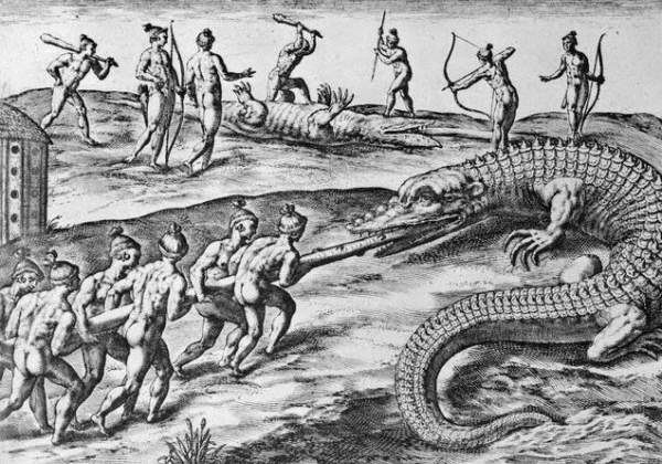 Engraving by Theodor de Bry after Crocodile Hunting by Jacques Le Moyne