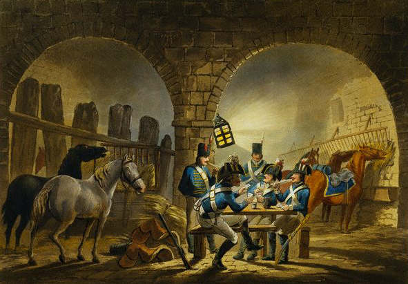 Aquatint of Saxon Dragoons Playing Cards in a Castle by John Bluck 1799-1802