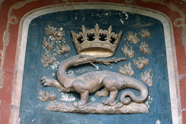 The salamander emblem on the coat of arms of Francois Ler at a chateau at Blois