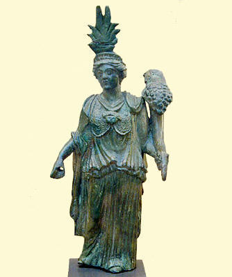 Statuette of goddess with syncretic religious symbolism, Isis, Minerva and Fortuna