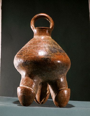 A Calima ceramic vessel, supported by three phallus-shaped legs, ca. 300 A.D
