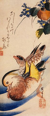 A Pair of Mandarin Ducks, Swimming Under Vines and Grasses 19th c