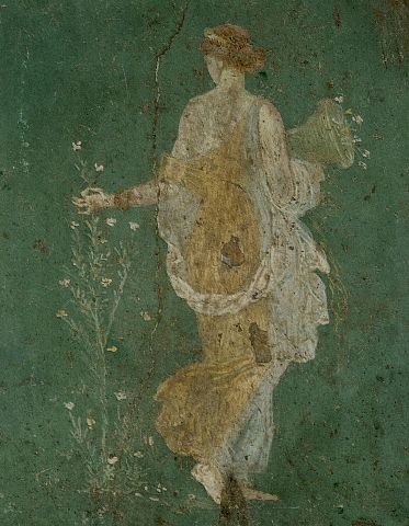 Ancient Roman Fresco Painting of Flora Picking Flowers. Before 79 A.D.