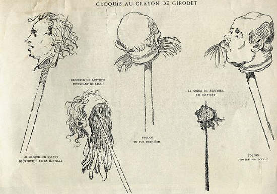 Sketch of the heads of the French nobility impaled on stakes during the French Revolution