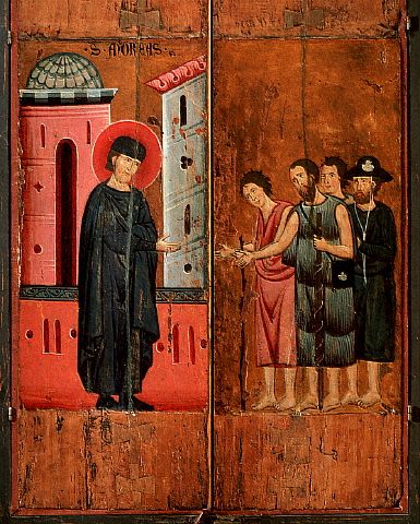 Thirteenth Century Painting of Saint Andreas Gallerani Welcoming the Pilgrims