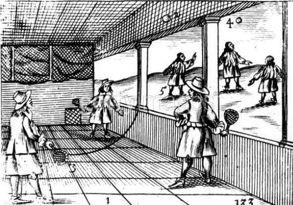 Early Tennis. An engraving of a tennis match from 1659