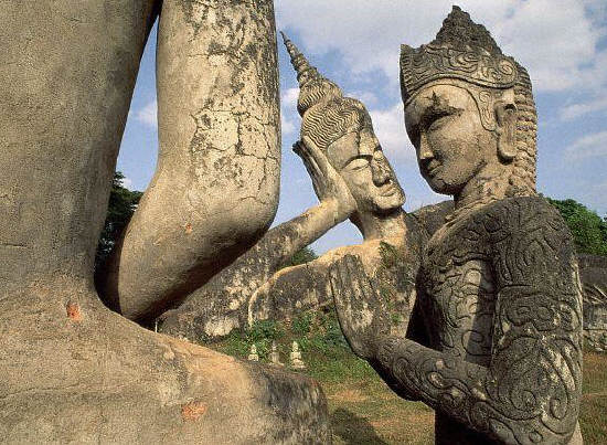 Reclining Buddha and Other Statues at Buddha Park in Vientiane