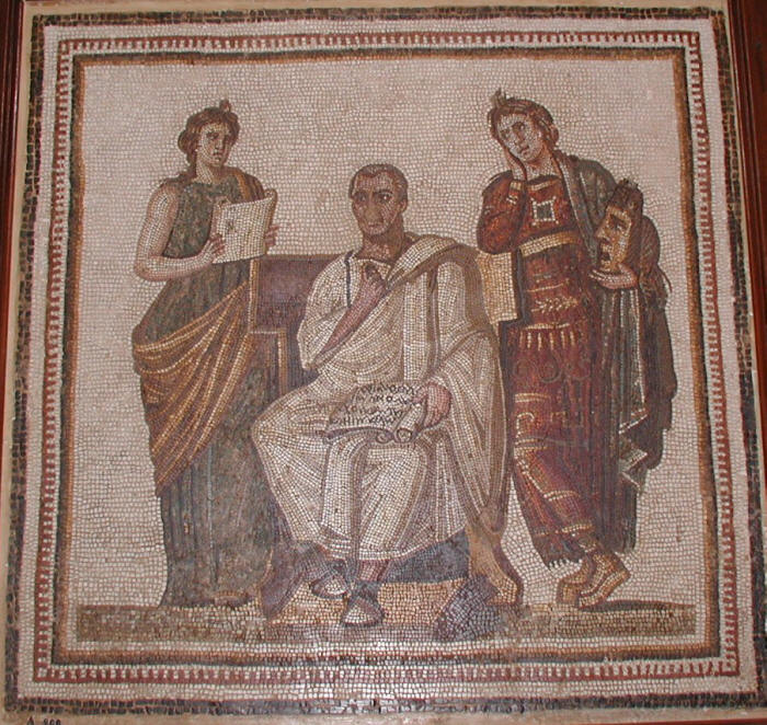 Mosaic of Virgil Writing the Aeneid alongside Muses Clio and Melpomene